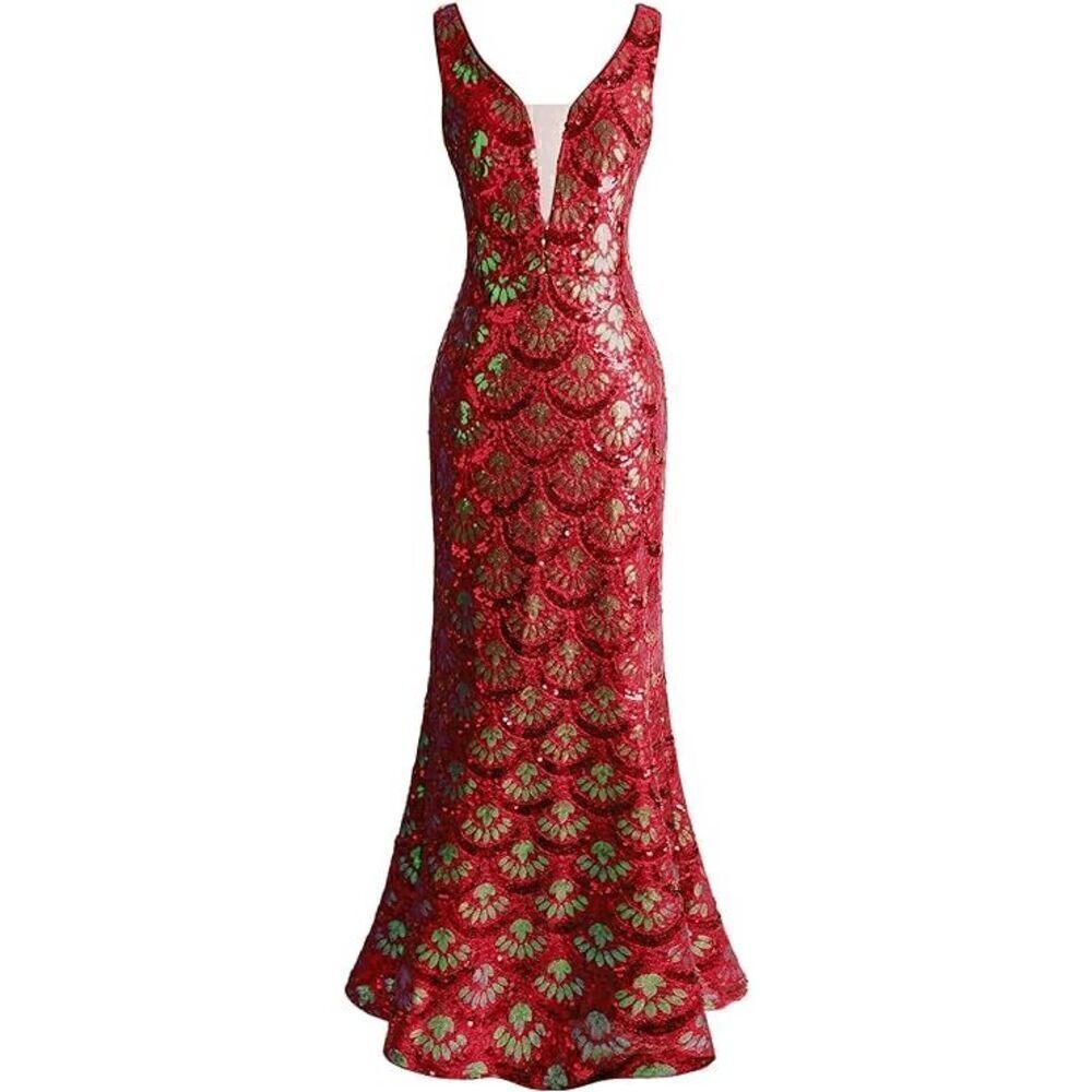 ✨❤️ Formal Red Sequin Mermaid Column Art Deco 1920s Long Gown Maxi Dress L NWT